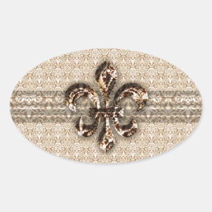 Golden Fleur De Lis with Cream Damask Pattern Oval Sticker