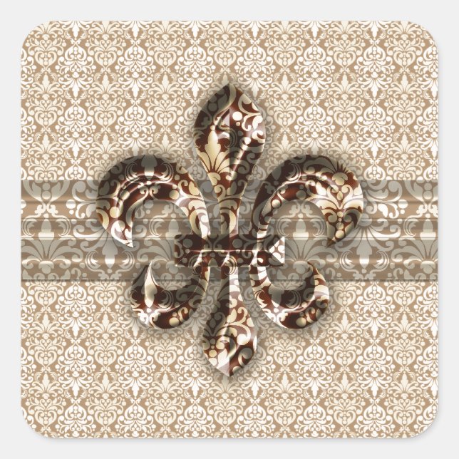 Golden Fleur De Lis with Cream Damask Pattern Square Sticker (Front)