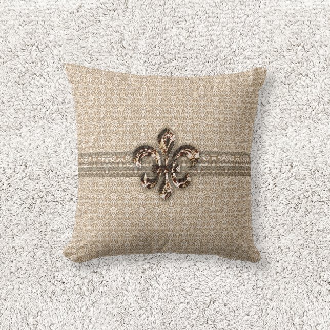 Golden Fleur De Lis with Cream Damask Pattern Throw Pillow (Creator Uploaded)