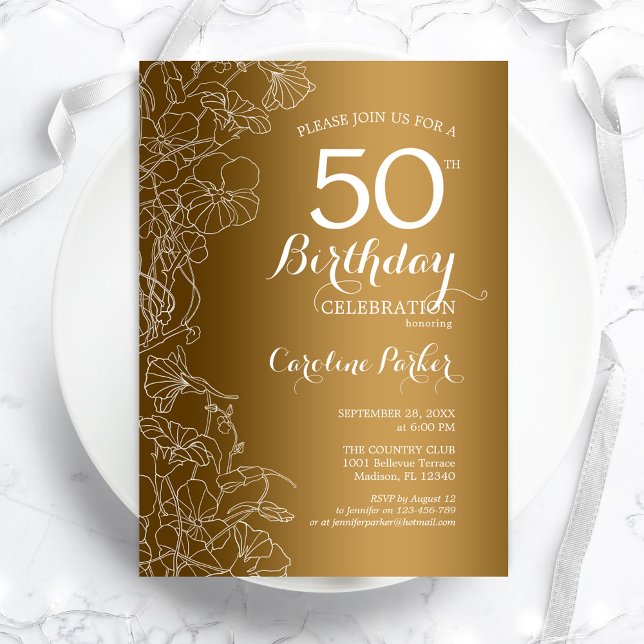 Golden Floral 50th Birthday Party Invitation (Creator Uploaded)