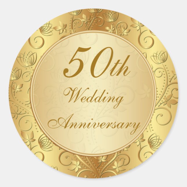 Golden floral 50th Wedding Anniversary Classic Round Sticker (Front)