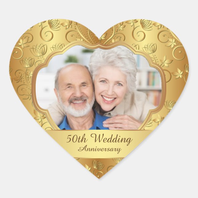 Golden floral 50th Wedding Anniversary Photo Heart Sticker (Front)