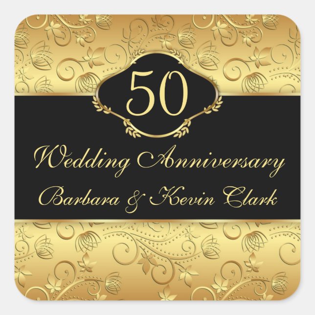 Golden floral 50th Wedding Anniversary Square Sticker (Front)