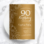 Golden Floral 90th Birthday Party Invitation<br><div class="desc">Golden Floral 90th Birthday Party Invitation. Minimalist modern design featuring botanical outline drawings accents and typography script font. Simple trendy invite card perfect for a stylish female bday celebration. Can be customized to any age. Printed Zazzle invitations or instant download digital printable template.</div>