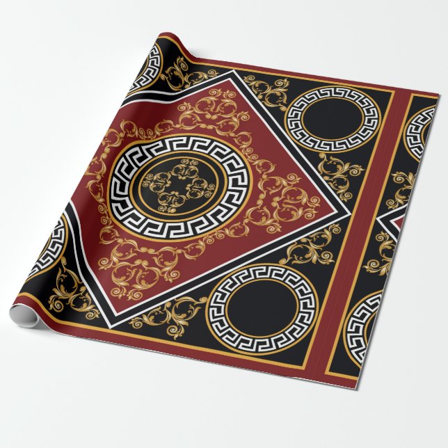 Golden floral baroque element with greek motif on  wrapping paper (Unrolled)