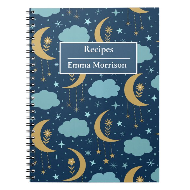 Golden Floral Boho Moon Personalized Recipe  Notebook (Front)