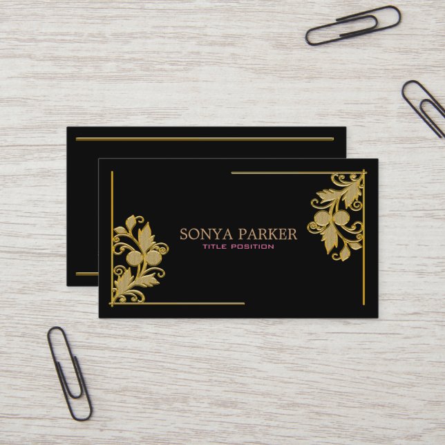 Golden Floral Border Business Card (Front/Back In Situ)