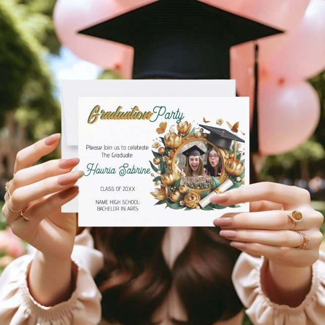 Golden Floral Border Photo Graduation Invitation Postcard (Creator Uploaded)
