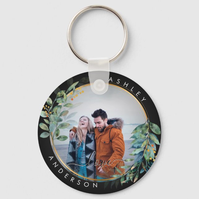 Golden Floral Botanical Green Couple Watercolor Keychain (Front)