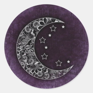Golden Floral Crescent Moon and Stars on Purple Classic Round Sticker