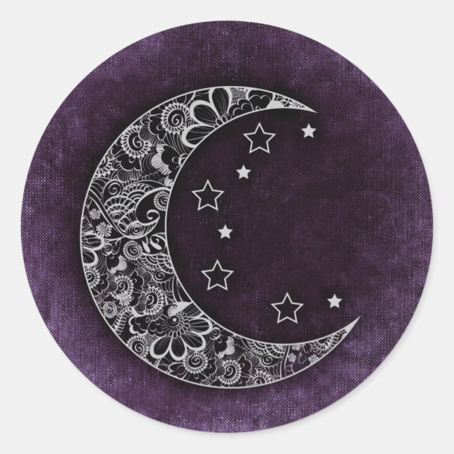 Golden Floral Crescent Moon and Stars on Purple Classic Round Sticker (Front)