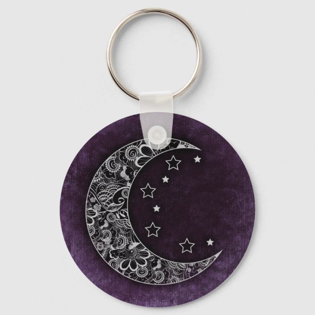 Golden Floral Crescent Moon and Stars on Purple Keychain (Front)