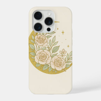 Golden Floral Crescent Moon – Elegant Botanical iPhone 15 Pro Case