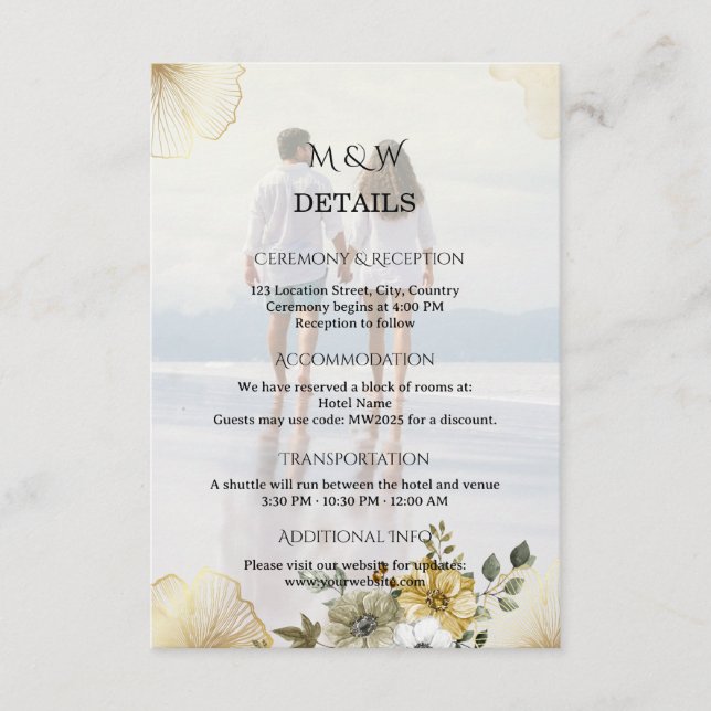 Golden Floral Custom Photo Wedding Enclosure Card (Front)