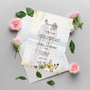 Golden Floral Custom Photo Wedding Invitation