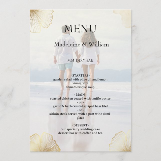 Golden Floral Custom Photo Wedding Menu (Front)
