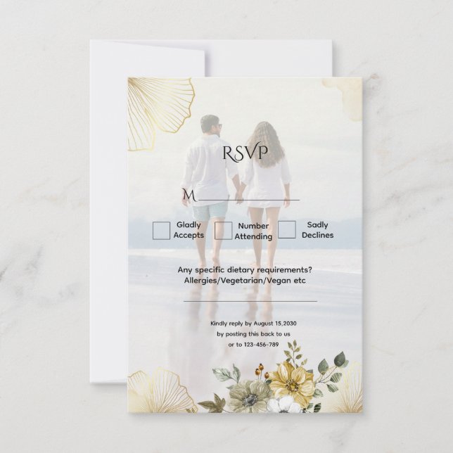 Golden Floral Custom Photo Wedding RSVP Card (Front)