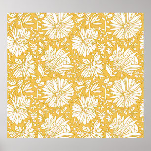 Golden floral doodle, abstract hand-drawn poster