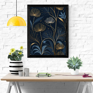 Golden Floral Dreams - Navy Blue & Gold Art Poster