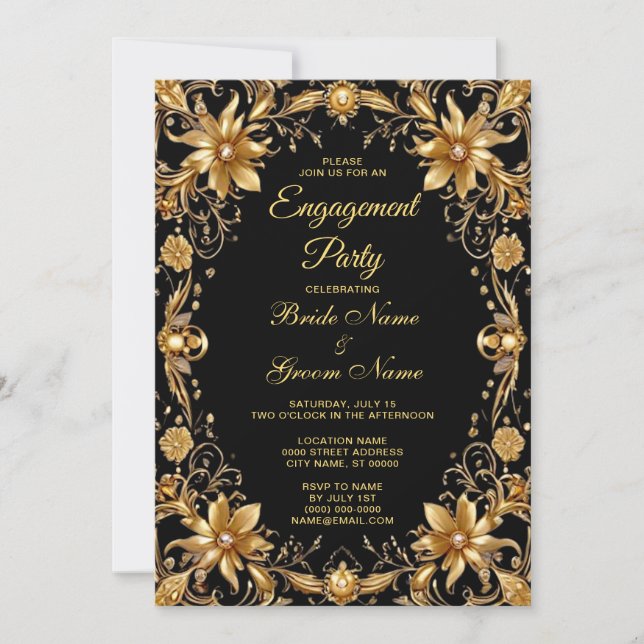 Golden Floral Engagement Invitation (Front)