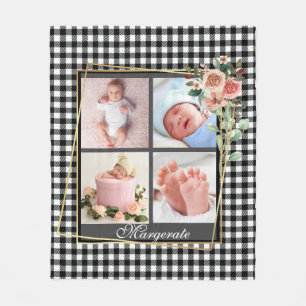 Golden Floral Frame New Baby Personalized 4 Photo Fleece Blanket
