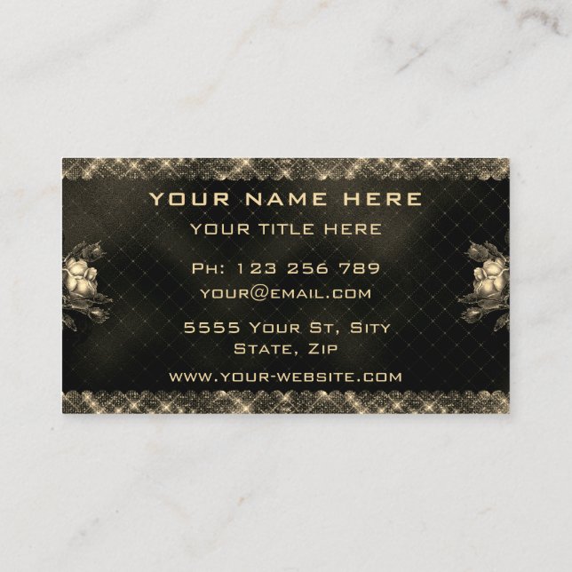 Golden Floral Framed Black Gold Business Card (Back)