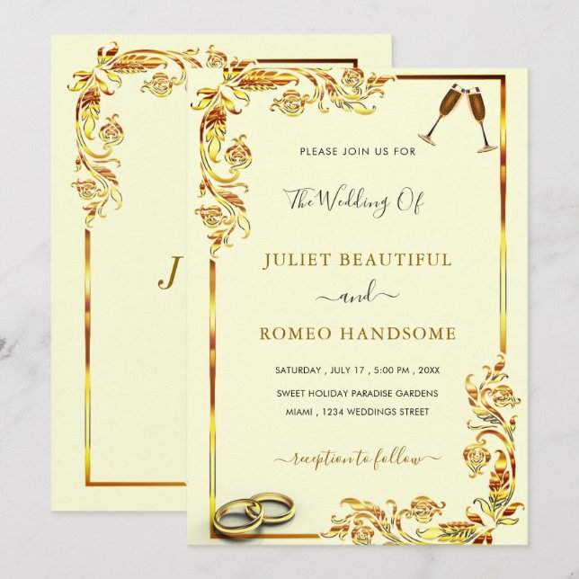 Golden Floral Framed Wedding Invitations Example (Front/Back)