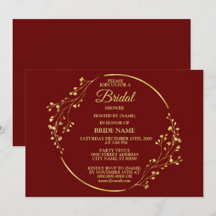 Golden Floral Geometric Wreath Red Bridal Shower Invitation
