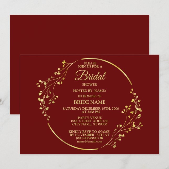 Golden Floral Geometric Wreath Red Bridal Shower Invitation (Front/Back)