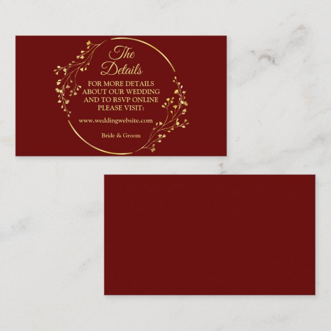 Golden Floral Geometric Wreath Red Detail Wedding Enclosure Card (Front/Back)