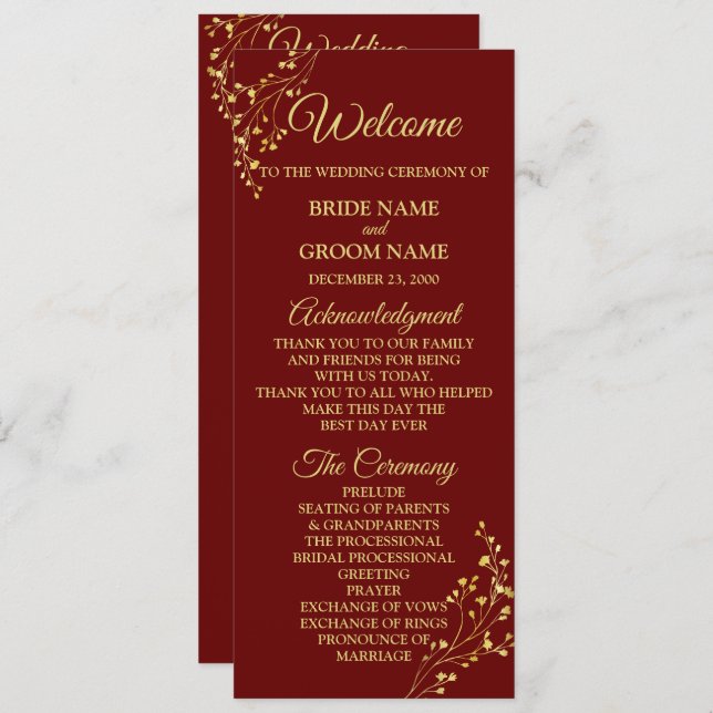 Golden Floral Geometric Wreath Red Wedding Program (Front/Back)