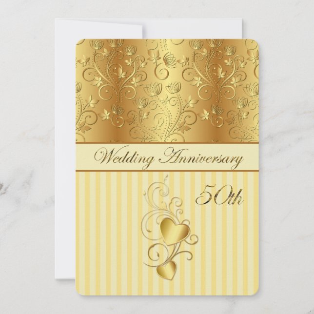 Golden floral, hearts 50th Wedding Anniversary Invitation (Front)