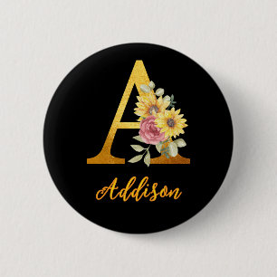 Golden Floral letter A Monogram Wedding Favour 2 Inch Round Button