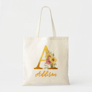 Golden Floral letter A Monogram Wedding Favour Tote Bag