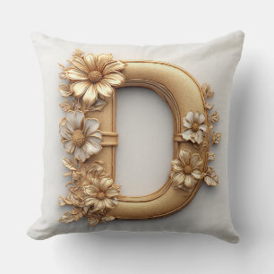 Golden Floral Letter D Monogram Decor 🌸 Throw Pillow