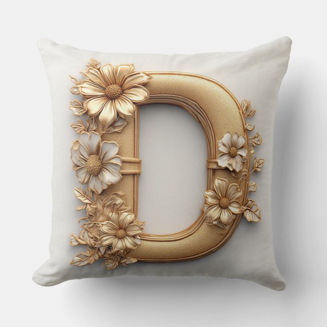 Golden Floral Letter D Monogram Decor 🌸 Throw Pillow (Front)