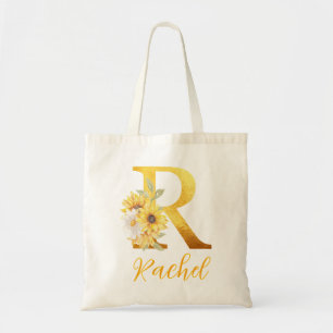 Golden Floral letter R Monogram Wedding Favour Tote Bag