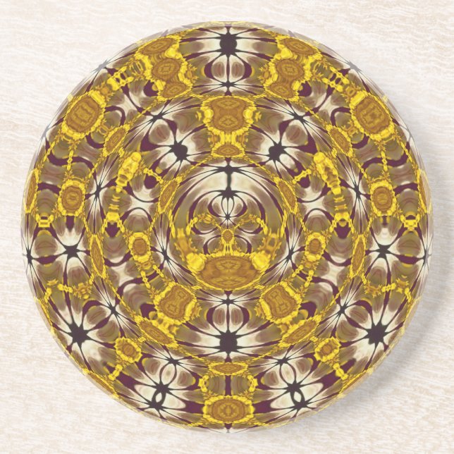 Golden Floral Mandala Boho Pattern Coaster (Front)
