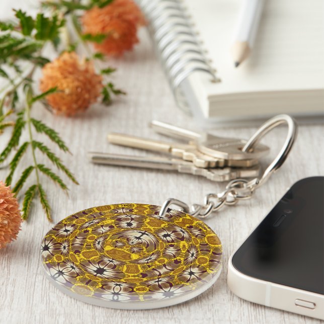 Golden Floral Mandala Boho Pattern Keychain (Front Right)