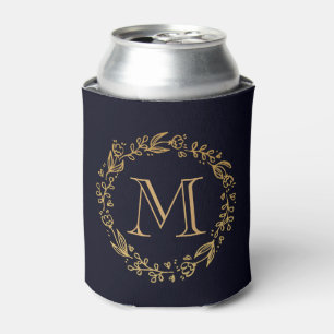 Golden Floral Monogram Can Cooler