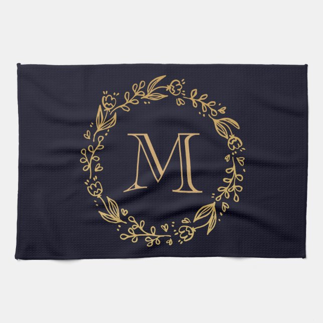Golden Floral Monogram Kitchen Towel (Horizontal)