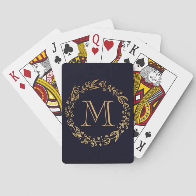Golden Floral Monogram Playing Cards (Back)