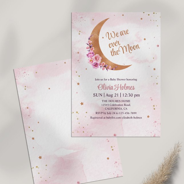 Golden Floral Moon Baby Shower Invitation (Golden Floral Moon Baby Shower Invitation on white table)