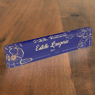 Golden floral navy blue name tag nameplate