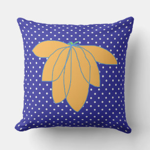 Golden Floral On Blue White Dots Outdoor Pillow