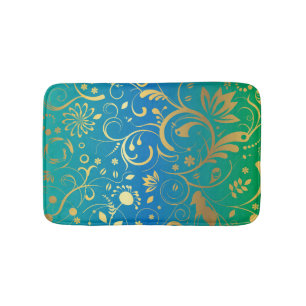 Golden Floral on Green and Blue Gradient Back Bath Mat