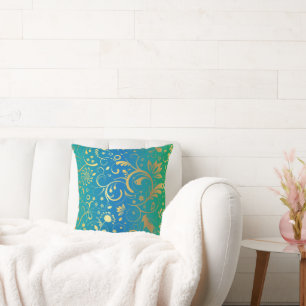 Golden Floral on Green and Blue Gradient Back Throw Pillow