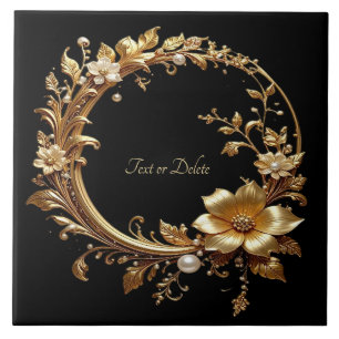 Golden Floral Ornate Frame Ceramic Tile