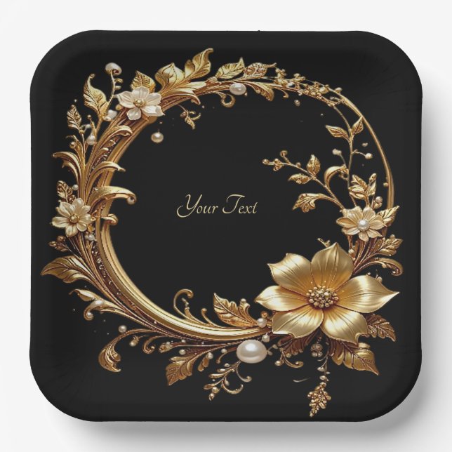 Golden Floral Ornate Frame Paper Plate (Front)