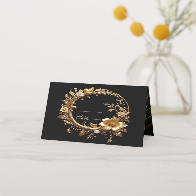 Golden Floral Ornate Frame Place Card (Front)